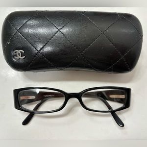 Authentic Chanel Rectangle Eyeglasses Frames with Case, Black Rim, Prescription